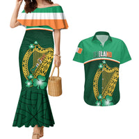 Green mermaid dress and Hawaiian shirt set with Celtic harp and shamrock