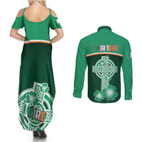 Green maxi dress and button shirt set with shamrock Celtic design; shirt back has YOUR TEXT