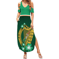 Women’s green cold-shoulder maxi dress with Celtic shamrock and harp pattern, side slit