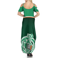Women’s green cold-shoulder maxi dress (back), Celtic shamrock pattern with “IRE” lettering