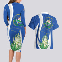 El Salvador Independence Day Couples Matching Long Sleeve Bodycon Dress and Hawaiian Shirt Flor De Izote With Turquoise Browed Motmot - Wonder Print Shop