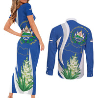 El Salvador Independence Day Couples Matching Short Sleeve Bodycon Dress and Long Sleeve Button Shirt Flor De Izote With Turquoise Browed Motmot - Wonder Print Shop