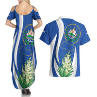 El Salvador Independence Day Couples Matching Summer Maxi Dress and Hawaiian Shirt Flor De Izote With Turquoise Browed Motmot - Wonder Print Shop