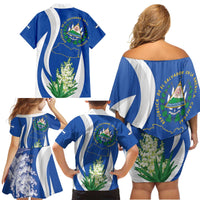 El Salvador Independence Day Family Matching Off Shoulder Short Dress and Hawaiian Shirt Flor De Izote With Turquoise Browed Motmot - Wonder Print Shop