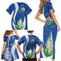 El Salvador Independence Day Family Matching Short Sleeve Bodycon Dress and Hawaiian Shirt Flor De Izote With Turquoise Browed Motmot - Wonder Print Shop