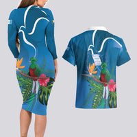 Guatemala Independence Day Couples Matching Long Sleeve Bodycon Dress and Hawaiian Shirt Quetzal Tropical Flower - Wonder Print Shop