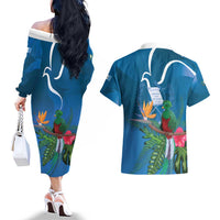 Guatemala Independence Day Couples Matching Off The Shoulder Long Sleeve Dress and Hawaiian Shirt Quetzal Tropical Flower - Wonder Print Shop