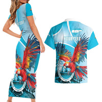 Honduras Independence Day Couples Matching Short Sleeve Bodycon Dress and Hawaiian Shirt Scarlet Macaw Sky Blue - Wonder Print Shop