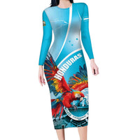 Honduras Independence Day Family Matching Long Sleeve Bodycon Dress and Hawaiian Shirt Scarlet Macaw Sky Blue - Wonder Print Shop