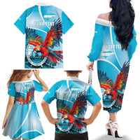 Honduras Independence Day Family Matching Off The Shoulder Long Sleeve Dress and Hawaiian Shirt Scarlet Macaw Sky Blue - Wonder Print Shop