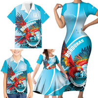 Honduras Independence Day Family Matching Short Sleeve Bodycon Dress and Hawaiian Shirt Scarlet Macaw Sky Blue - Wonder Print Shop