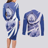 Honduras Couples Matching Long Sleeve Bodycon Dress and Long Sleeve Button Shirt Coat of Arms Orchid Navy Blue - Wonder Print Shop