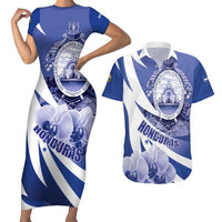 Honduras Couples Matching Short Sleeve Bodycon Dress and Hawaiian Shirt Coat of Arms Orchid Navy Blue - Wonder Print Shop