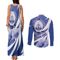 Honduras Couples Matching Tank Maxi Dress and Long Sleeve Button Shirt Coat of Arms Orchid Navy Blue - Wonder Print Shop