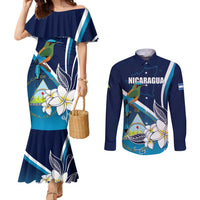 Nicaragua Independence Day Couples Matching Mermaid Dress and Long Sleeve Button Shirt Motmot Plumeria Floral