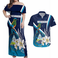 Nicaragua Independence Day Couples Matching Off Shoulder Maxi Dress and Hawaiian Shirt Motmot Plumeria Floral - Wonder Print Shop