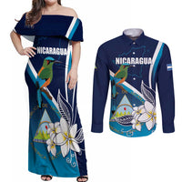 Nicaragua Independence Day Couples Matching Off Shoulder Maxi Dress and Long Sleeve Button Shirt Motmot Plumeria Floral - Wonder Print Shop