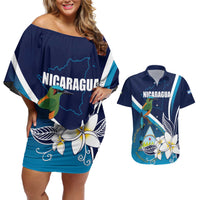 Nicaragua Independence Day Couples Matching Off Shoulder Short Dress and Hawaiian Shirt Motmot Plumeria Floral - Wonder Print Shop