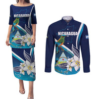 Nicaragua Independence Day Couples Matching Puletasi and Long Sleeve Button Shirt Motmot Plumeria Floral - Wonder Print Shop