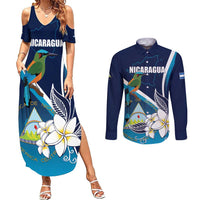 Nicaragua Independence Day Couples Matching Summer Maxi Dress and Long Sleeve Button Shirt Motmot Plumeria Floral - Wonder Print Shop