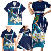 Nicaragua Independence Day Family Matching Short Sleeve Bodycon Dress and Hawaiian Shirt Motmot Plumeria Floral - Wonder Print Shop