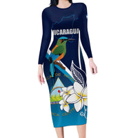 Nicaragua Independence Day Long Sleeve Bodycon Dress Motmot Plumeria Floral - Wonder Print Shop