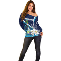 Nicaragua Independence Day Off Shoulder Sweater Motmot Plumeria Floral - Wonder Print Shop