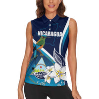 Nicaragua Independence Day Women Sleeveless Polo Shirt Motmot Plumeria Floral - Wonder Print Shop