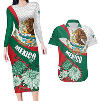 Mexico Independence Day Couples Matching Long Sleeve Bodycon Dress and Hawaiian Shirt Dahlia Flower Aztec Pattern - Wonder Print Shop