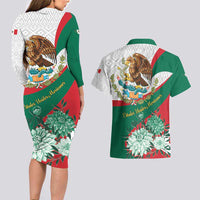 Mexico Independence Day Couples Matching Long Sleeve Bodycon Dress and Hawaiian Shirt Dahlia Flower Aztec Pattern - Wonder Print Shop