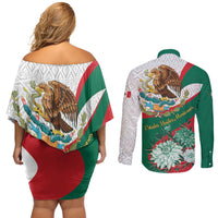 Mexico Independence Day Couples Matching Off Shoulder Short Dress and Long Sleeve Button Shirt Dahlia Flower Aztec Pattern - Wonder Print Shop