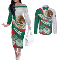 Mexico Independence Day Couples Matching Off The Shoulder Long Sleeve Dress and Long Sleeve Button Shirt Dahlia Flower Aztec Pattern