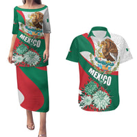 Mexico Independence Day Couples Matching Puletasi and Hawaiian Shirt Dahlia Flower Aztec Pattern - Wonder Print Shop