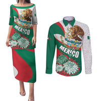 Mexico Independence Day Couples Matching Puletasi and Long Sleeve Button Shirt Dahlia Flower Aztec Pattern - Wonder Print Shop