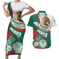 Mexico Independence Day Couples Matching Short Sleeve Bodycon Dress and Hawaiian Shirt Dahlia Flower Aztec Pattern - Wonder Print Shop