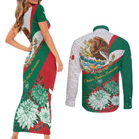 Mexico Independence Day Couples Matching Short Sleeve Bodycon Dress and Long Sleeve Button Shirt Dahlia Flower Aztec Pattern - Wonder Print Shop