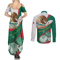 Mexico Independence Day Couples Matching Summer Maxi Dress and Long Sleeve Button Shirt Dahlia Flower Aztec Pattern - Wonder Print Shop