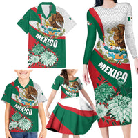 Mexico Independence Day Family Matching Long Sleeve Bodycon Dress and Hawaiian Shirt Dahlia Flower Aztec Pattern - Wonder Print Shop