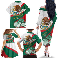 Mexico Independence Day Family Matching Off The Shoulder Long Sleeve Dress and Hawaiian Shirt Dahlia Flower Aztec Pattern - Wonder Print Shop