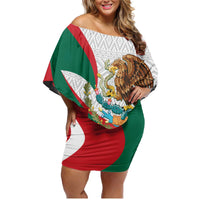 Mexico Independence Day Family Matching Off Shoulder Short Dress and Hawaiian Shirt Dahlia Flower Aztec Pattern - Wonder Print Shop