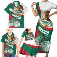 Mexico Independence Day Family Matching Short Sleeve Bodycon Dress and Hawaiian Shirt Dahlia Flower Aztec Pattern - Wonder Print Shop