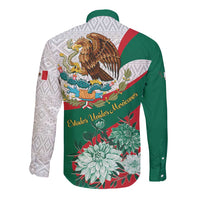 Mexico Independence Day Long Sleeve Button Shirt Dahlia Flower Aztec Pattern - Wonder Print Shop