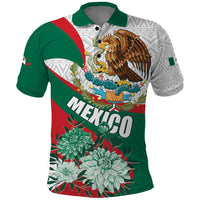 Mexico Independence Day Polo Shirt Dahlia Flower Aztec Pattern - Wonder Print Shop