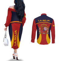 spain-football-couples-matching-off-the-shoulder-long-sleeve-dress-and-long-sleeve-button-shirts-la-roja-2023-sporty-style