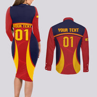 Custom Spain Football Couples Matching Long Sleeve Bodycon Dress and Long Sleeve Button Shirts La Roja 2024 Sporty Style - Wonder Print Shop