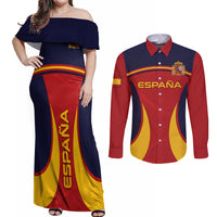Custom Spain Football Couples Matching Off Shoulder Maxi Dress and Long Sleeve Button Shirts La Roja 2024 Sporty Style - Wonder Print Shop