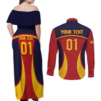Custom Spain Football Couples Matching Off Shoulder Maxi Dress and Long Sleeve Button Shirts La Roja 2024 Sporty Style - Wonder Print Shop