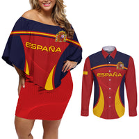Custom Spain Football Couples Matching Off Shoulder Short Dress and Long Sleeve Button Shirts La Roja 2024 Sporty Style - Wonder Print Shop
