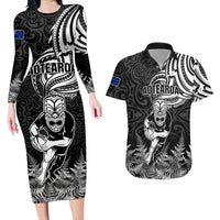 New Zealand Silver Fern Rugby Couples Matching Long Sleeve Bodycon Dress and Hawaiian Shirt Maori Tiki Player With Ta Moko Tribal - Wonder Print Shop
