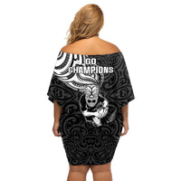 New Zealand Silver Fern Rugby Off Shoulder Short Dress Maori Tiki Player With Ta Moko Tribal - Wonder Print Shop